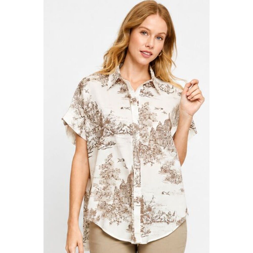 New Umgee S 4 6 8 Latte Cream Victorian Mansion Toile Cotton Button Front Top